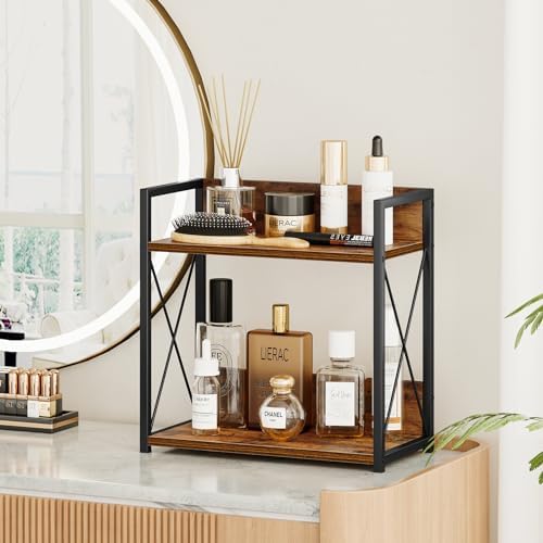 Giikin Kitchen Counter Shelf, Kitchen Countertop Organizer, 2 Tier Spice Rack for Counter, Wood Coffee Bar Organizer for Coffee Station (Brown, L)