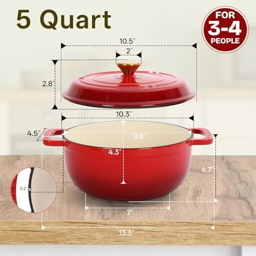 Bonnlo 5QT Round Dutch Oven, Enameled Cast Iron Dutch Oven Pot with Lid & Dual Handles, Oven Safe Up to 500° F, for Sourdough, Bread Baking, Stews and Roasting, Red