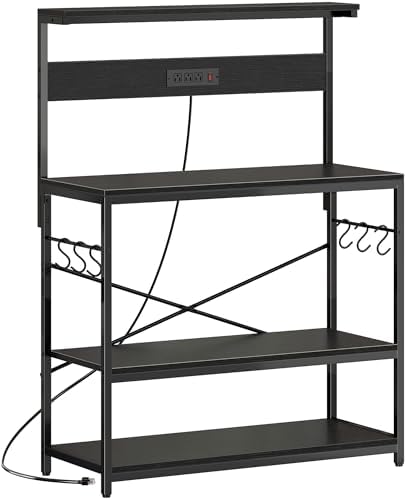 SUPERJARE Bakers Rack with Power Outlets, Microwave Stand, 39.4 X 14.3 Inch Larger Desktop, Kitchen Storage Rack with Adjustable Middle Shelf, 6 S-Shaped Hooks, Coffee Bar Stand, Black