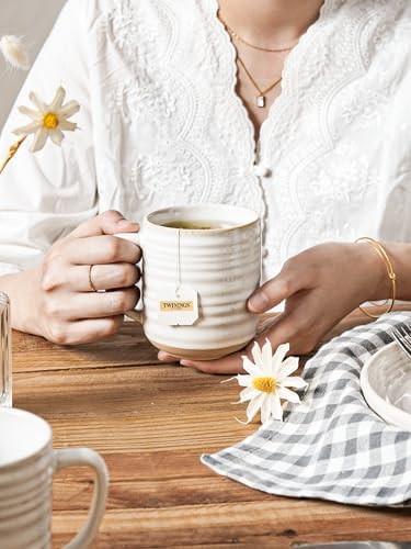 LE TAUCI Ceramic Coffee Mugs Set of 4, 12 oz, Rustic Style, Arctic White