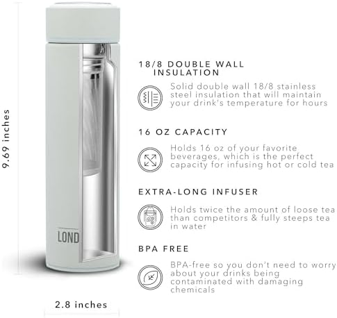 The London Sip 16.9 oz Multi-Purpose Tea Infuser Mug – Fruit Infuser Water Bottle for Hot and Cold – Double Wall Stainless Steel Insulated, Pearl White