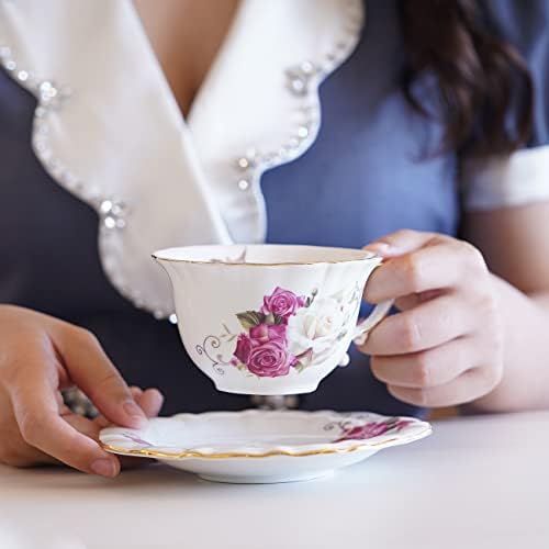 Ceramic Tea Cups Coffee Cup and Saucers Set of 4 (Rose)