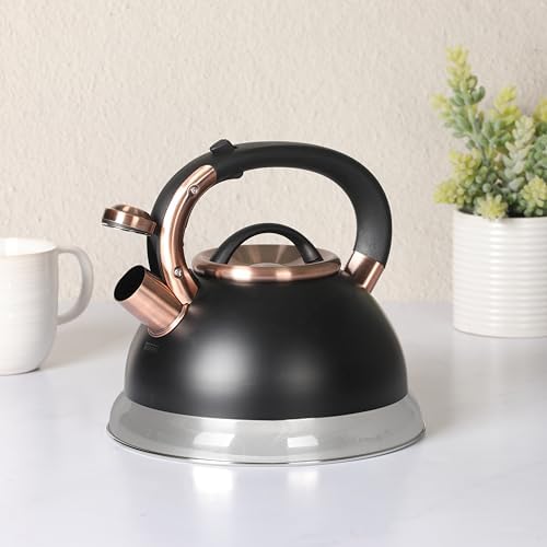 Mr. Coffee Flintshire 2.2 Quart Large Whistling Stainless Steel Tea Kettle, Matte Black with Copper Accent, Stovetop Fast-Boil Tea Pot