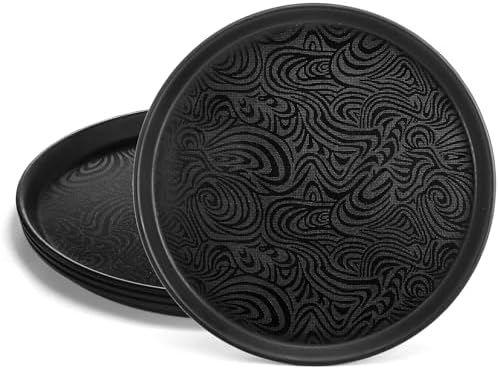 Hacaroa 4 Pack Round Restaurant Serving Tray, 14 Inch Black Plastic Server Tray Non-Slip Food Serving Platter for Drinks, Bar, Cafeteria, Hotel, Coffee Table, Raised Edges
