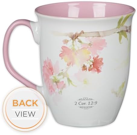 Christian Art Gifts Large Ceramic Inspirational Scripture Coffee & Tea Mug for Women: Grace is Sufficient Silver Bible Verse, Cute Lime Green Hummingbird Novelty Drinkware, White/Pink Floral, 14 oz.
