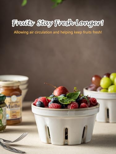 Gomakren Ceramic Berry Basket Set of 2, Fruit Bowl Colanders 5.8 Inch White