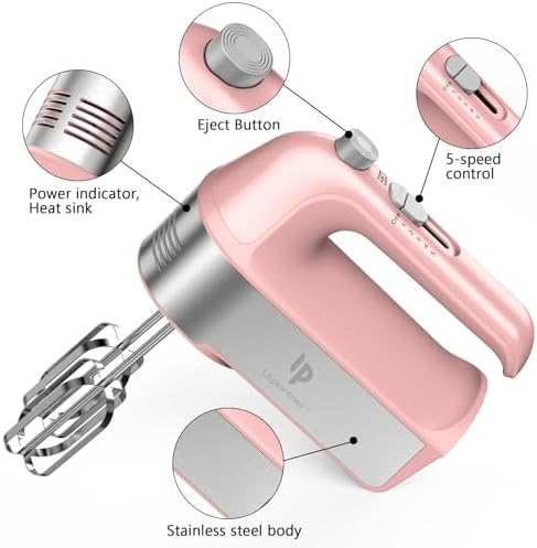 Hand Mixer Electric, 450W Kitchen Mixers with Scale Cup Storage Case, Turbo Boost/Self-Control Speed + 5 Speed + Eject Button + 5 Stainless Steel Accessories, For Easy Whipping Dough, Cream, Pink