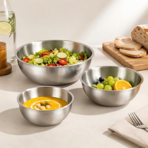 Stainless Steel Mixing Bowls Set of 3 - 9.84", 8.66" & 7.5" Metal Mixing Bowls, 3.3 Qt, 2 Qt & 1.5 Qt Stainless Steel Salad Bowls, Durable 304 Stainless Steel Bowl for Kitchen, Baking, and Meal Prep