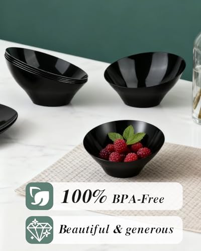 BESTVIP 20 Oz Black Plastic Angled Serving Bowls, 12 Pack