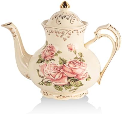 YOLIFE Pink Rose Teapot with Infuser, 35 OZ / 4 Cup Tea Pot