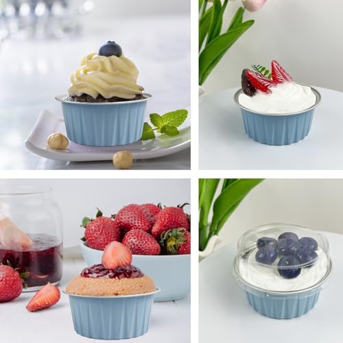 100Pcs Aluminum Cups with Lids,5oz Disposable Ramekin Baking Cups Muffin Liners Mini Pie Pans Foil Cupcake Containers for Christmas Party Wedding Party,Sky Blue