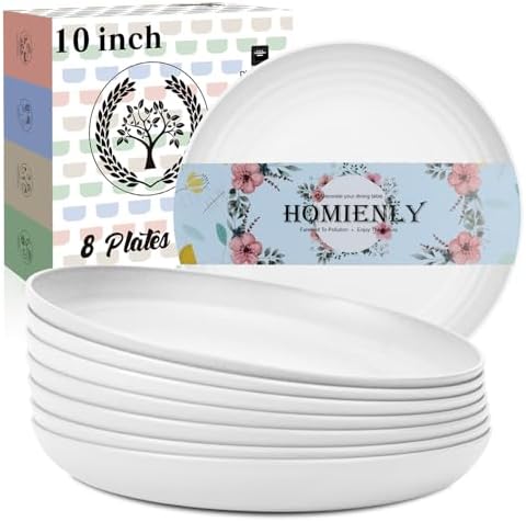 Homienly Deep Dinner Plates, Wheat Straw Plates 10 inch Set of 8, Unbreakable Plates for Kitchen, Kids, Lightweight Microwave and Dishwasher Safe Camping Plate Set for Salad, Dinner, Fruit - White