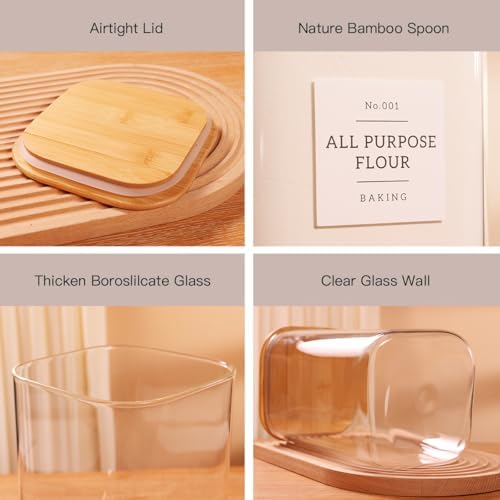 CZZGSM 2 Pack Square Glass Flour and Sugar Containers with 132 Kitchen Pantry Labels - Thicken 149 FL OZ Large Glass Storage Jars with Airtight Bamboo Lid - Big Food Canisters for Rice, Pasta, Cookie