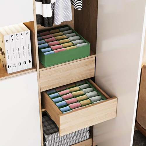 Joyoldelf Sock Drawer Organizer Divider 2 Packs Underwear Organizer, 24 Cell Closet Organizers and Storage Organizer Sock Holders Organizers for Storing Socks, Handkerchiefs, Ties, Belts (Green)