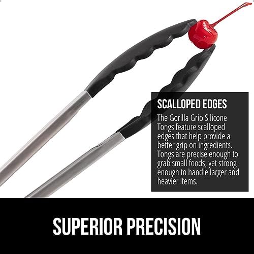 GORILLA GRIP Stainless Steel Kitchen Tongs for Cooking, 2 PK, Black
