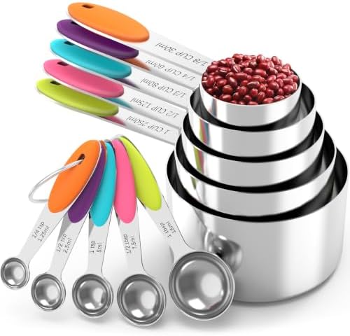 TILUCK Nesting Measuring Cups and Spoons Set, Stainless Steel with Soft Silicone Handle – Heavy Duty & Dishwasher Safe for Measuring Dry/Liquid Ingredients, Ideal for Cooking & Baking (10)