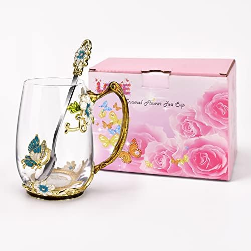 OEAGO Birthday Gifts for Women Mom Glass Coffee Enamels Mug Best Mothers Day Butterfly Gifts for Her from Daughter Son Lead-Free Christmas Tea Cup with Spoon Sets