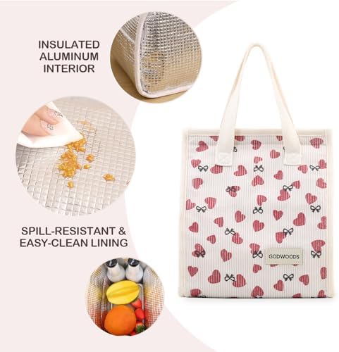TELLUMO Corduroy Insulated Lunch Bag, 7.75L Large Capacity Reusable Lunch Box, Cute Lunch Tote for Women Men, Leakproof Lunch Cooler for Work Picnic Travel (Corduroy Love)
