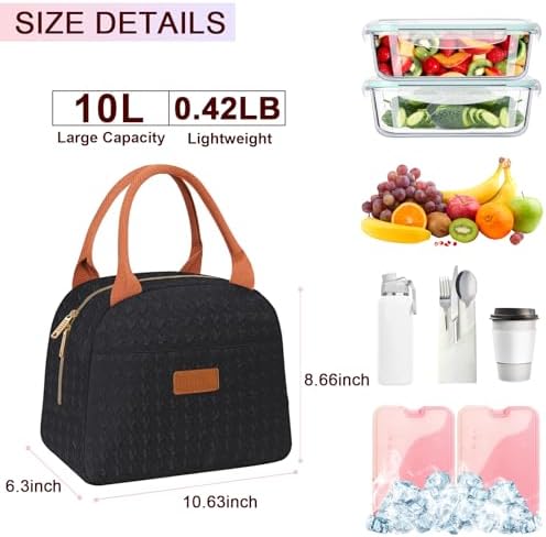 Joymee Lunch Bag Women Insulated Lunch Box Reusable Leakproof Large Spacious Cooler Tote for Women Men Adult for Work Office Travel Picnic -Black