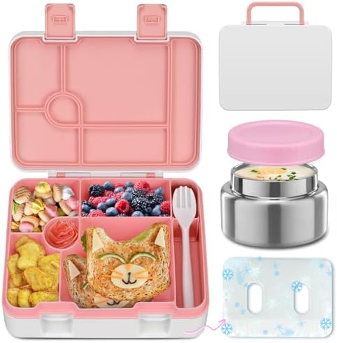 Bento Lunch Box Kids and 9oz Soup Thermo – 5.5-Cup Leakproof Kids Bento Box with Ice Pack & 9oz Insulated Food Jar – Hot & Cold Food Lunch Container for Boy Girl School, Pink Set