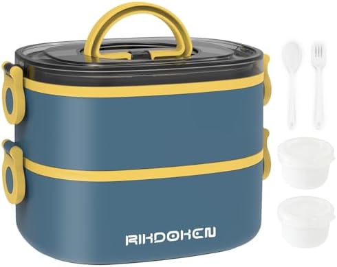RIKDOKEN Lunch Box, Stackable 2 Layers Containers, Portable 64OZ Large Capacity Leakproof Bento Box with Spoon & Fork & Sauce Boxes, Microwave Safe Lunch Box for Kids and Adults