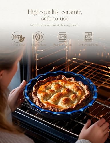 Pie Pan for Baking 9 Inch Ceramic Pie Dish for Apple Pie, Quiche, 48oz Blue