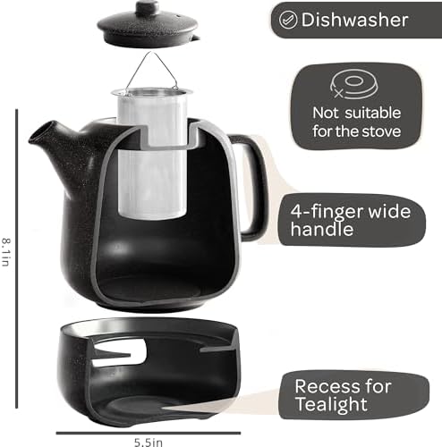 Steinzeit Design Tea Pot with Warmer (44 oz) - Premium Ceramic Teapot with Infuser for Loose Tea - Black Teapot Ceramic with Removable Steamer