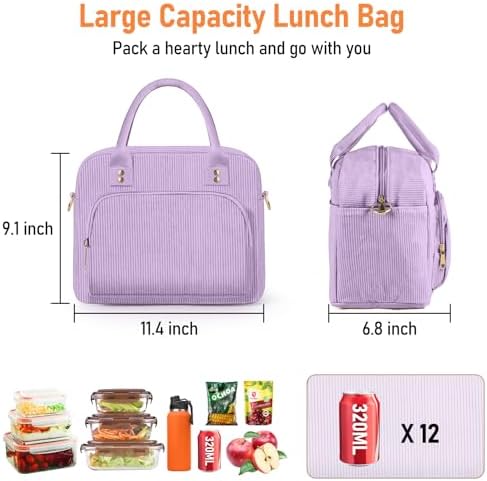 Lunch Bag Large Insulated Lunch Box for Women Men Adult Cute Purple Lunchbox Corduroy Lunch Bags Boxes Pail with Adjustable Shoulder Strap for Work Mom Picnic Office Travel 11.4×6.8×9.1 inches 11.5L