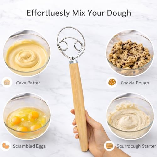 Danish Dough Whisk for Sourdough Bread – 13 Inch Bread Whisk with Wooden Handle – 304 Stainless Steel Hook for Heavy Dough Baking, Swedish Dough Whisk Tool