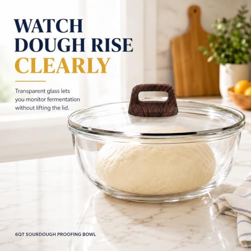 Large Glass Bowl for Sourdough Bread Making 6 QT Glass Mixing Bowl with Lid and Wood-Look Solid Bakelite Handle Clear Sourdough Bread Proofing Bowl with Cover Ideal for Baking