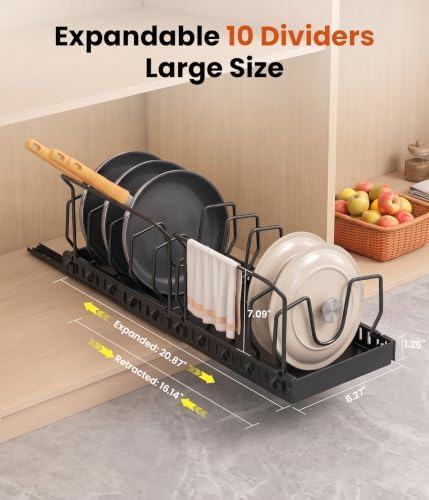 2 Pack Pots and Pans Organizer Under Cabinet, 10 Dividers Pot Lid Organizer