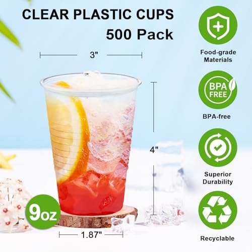 Clawsoff 500 Pack 9 oz Clear Plastic Cups Disposable Clear Water Cups