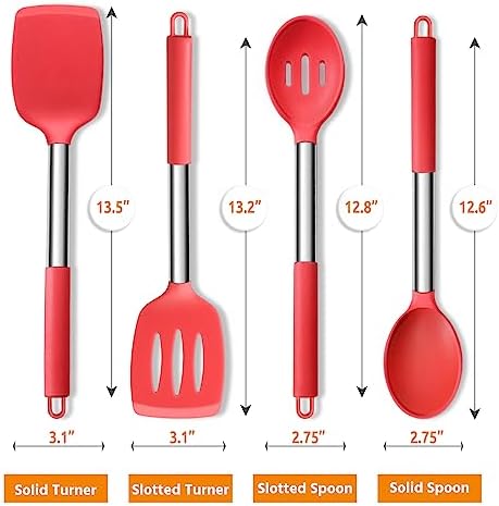 Cooking Utensils Set of 4, E-far Silicone Kitchen Utensils for Non-stick Cookware, Heat Resistant & Non-toxic Slotted Spatula Solid Spoon Turner for Flipping Mixing Serving Basting(Red)