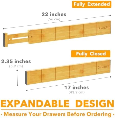 SpaceAid Bamboo Drawer Dividers with Inserts and Labels, Kitchen Adjustable Drawer Organizers, Expandable Organization for Home, Office, Dressers, 7 Dividers with 15 Inserts (17"-22" Natural)
