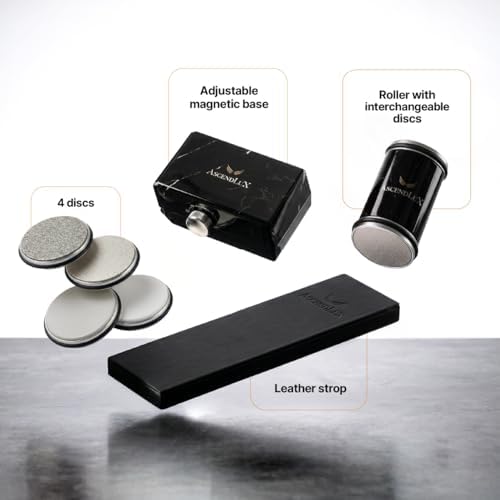 Knife Sharpener, Rolling Knife Sharpener Kit, Adjustable 10-30° Angle, 4-Disc Knife Sharpening Kit, Diamond, Whetstone & Ceramic Discs, Leather Strop, Magnetic Base