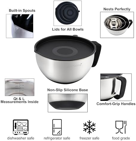 Rorence Stainless Steel Mixing Bowls Set with Lids,1.5,3 & 5 Qt,Black