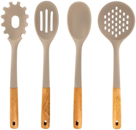 Beille 4pc Beech Wood and Silicone Cooking Spoon Set Kitchen Utensils Baking Supplies Home Essentials, Light Grey