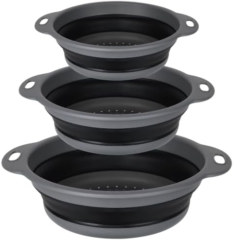 Collapsible Colander Set of 3, Silicone Food Foldable Strainer for Cooking Pasta, Vegetables and Fruit (3QT, 4QT and 5QT), Black