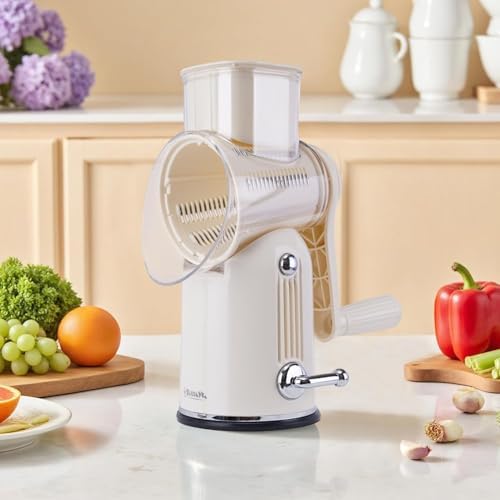 Rotary Cheese Grater with Handle, 5-Blade Cheese Shredder, BPA-Free (White)