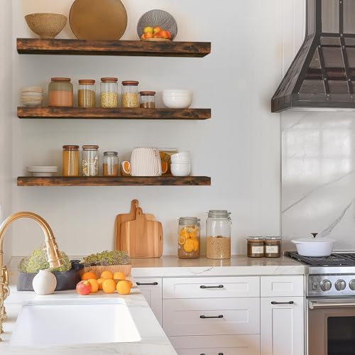 BAYKA Rustic Brown Floating Shelves 35.4in, Set of 3, Wall Mount Wood Shelf