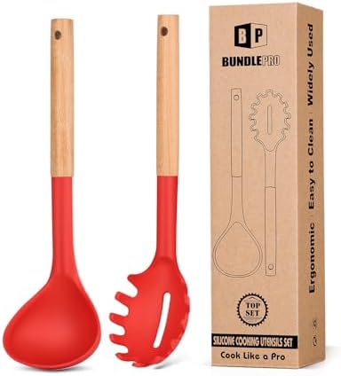 BUNDLEPRO Silicone Soup Ladle and Pasta Spoon Set with Wooden Handle