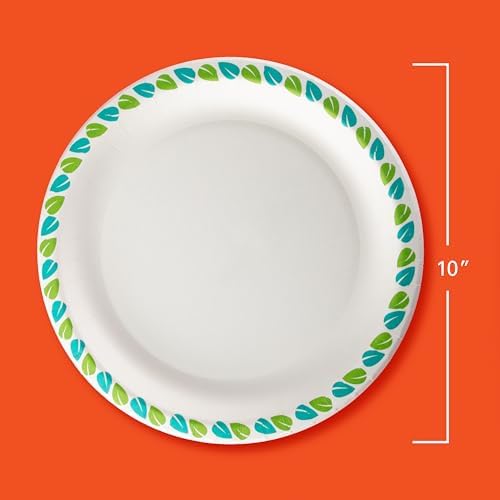 Hefty Compostable Paper Plates, 10 Inches, 20 Count, Patterned Disposable Plates for BBQs, Parties, Holidays, and Everyday Use, Soak-Resistant, Made with Plant-Based Materials, Microwave Safe