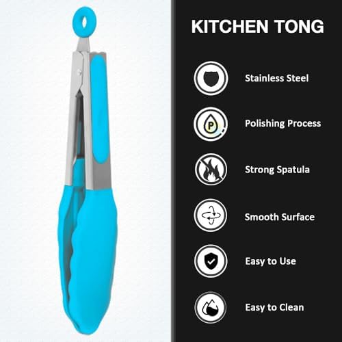 7 Inch Mini Serving Tongs with Silicone Tips Set of 3(Blue)