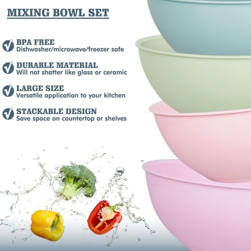 Greentainer 4-Piece Plastic Mixing Bowl Set, 113oz Lightweight Serving Bowls, Large Salad Bowls for Baking,Prepping, Cooking and Serving Food, Dishwasher & Microwave Safe