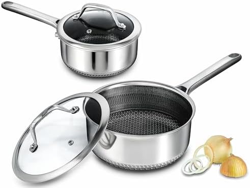 Hybrid Nonstick Saucepan Set of 2 with Lids 1.5 QT and 3 QT, Stainless Steel Honeycomb Pans,Compatible with All Cooktops,Dishwasher and Oven Safe