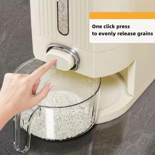 IEEK 25 Lbs Rice Dispenser, Large Cereal Dry Food Storage Containers with Measuring Cup and Lid,Moisture Proof Airtight Food Dispenser Bucket for Rice,Corn,Coffee Bean,Grain,Soybean and Oatmeal,White