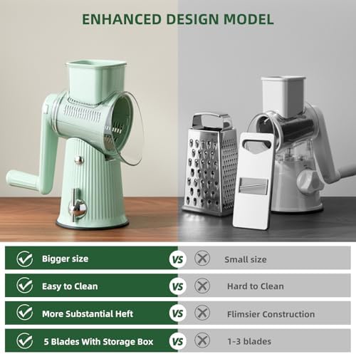 Rotary Cheese Grater with Handle - Vegetable Shredder with 5 Blades & Strong Suction Base, Round Slicer & Food Chopper for Kitchen (Green)