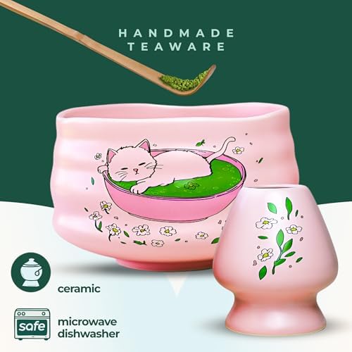 Aprika Life Matcha Whisk Set 6 Pcs - Ceramic Matcha Bowl, Bamboo Whisk, Matcha Whisk Holder, Scoop, Sifter & Tea Cloth - Traditional Handmade Matcha Set - Unfurl Pink with Cat print