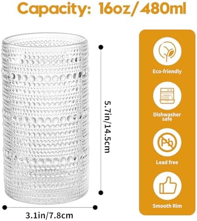 Vintage Hobnail Drinking Glasses Set of 12, 16 oz Large Capacity Embossed Clear Tumblers, Highball Glasses for Water, Cocktail, Beer, Whiskey, Kitchen & Bar Use
