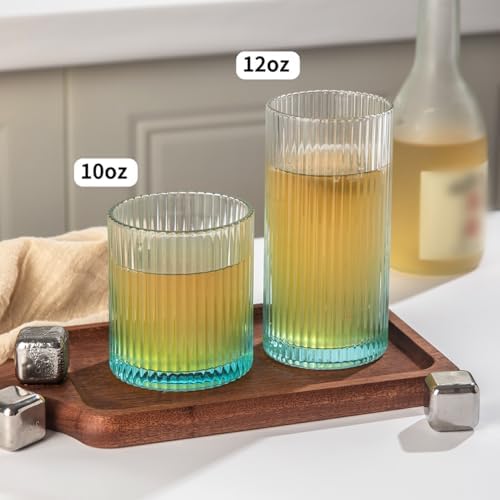 Ribbed Drinking Glasses 8pcs, 12oz and 10oz Glassware, Tumbler Glasses Cup Set for Wedding, Party, Christmas Gift, Blue